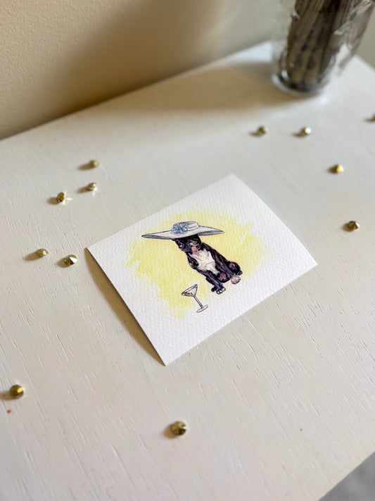 Small fine art print with a French Bulldog illustration on a white surface with decorative elements.