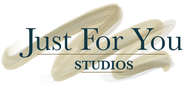 Logo for 'Just For You Studios' with decorative watercolor brush stroke elements on a white background