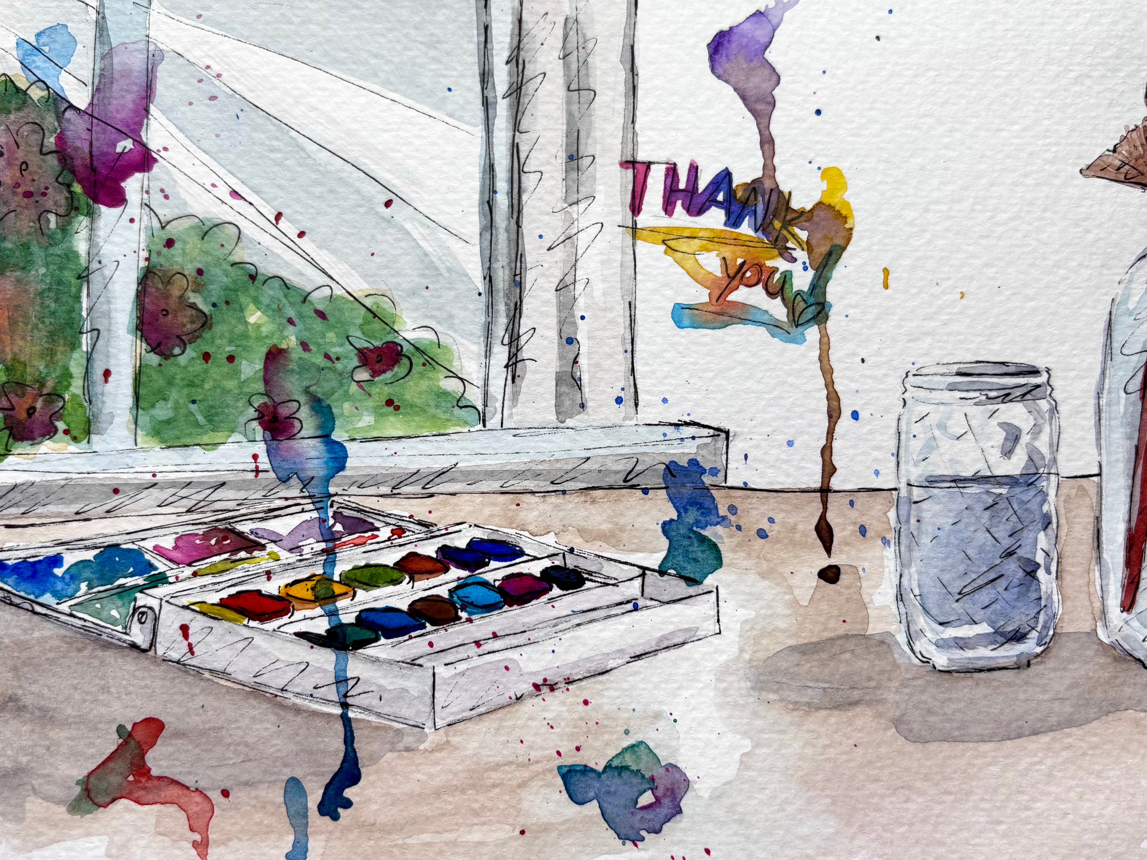 Artistic depiction of a watercolor palette with paint splashes, a glass jar, and a window view for email subscribers.