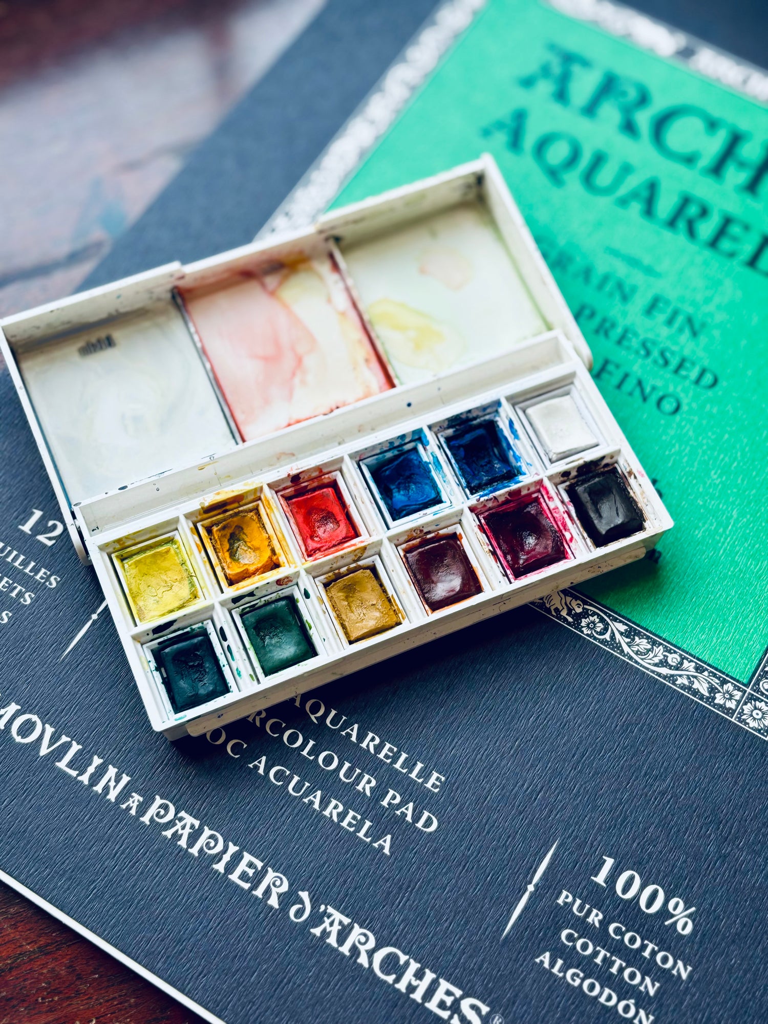 Windsor and Newton paint set on top of an Arches watercolor paint pad.